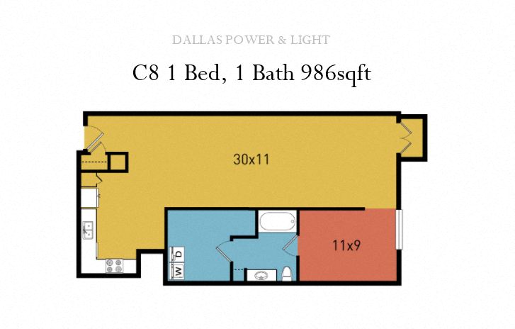 Floor plan for 1 bed, 1 bath, 986 sqft